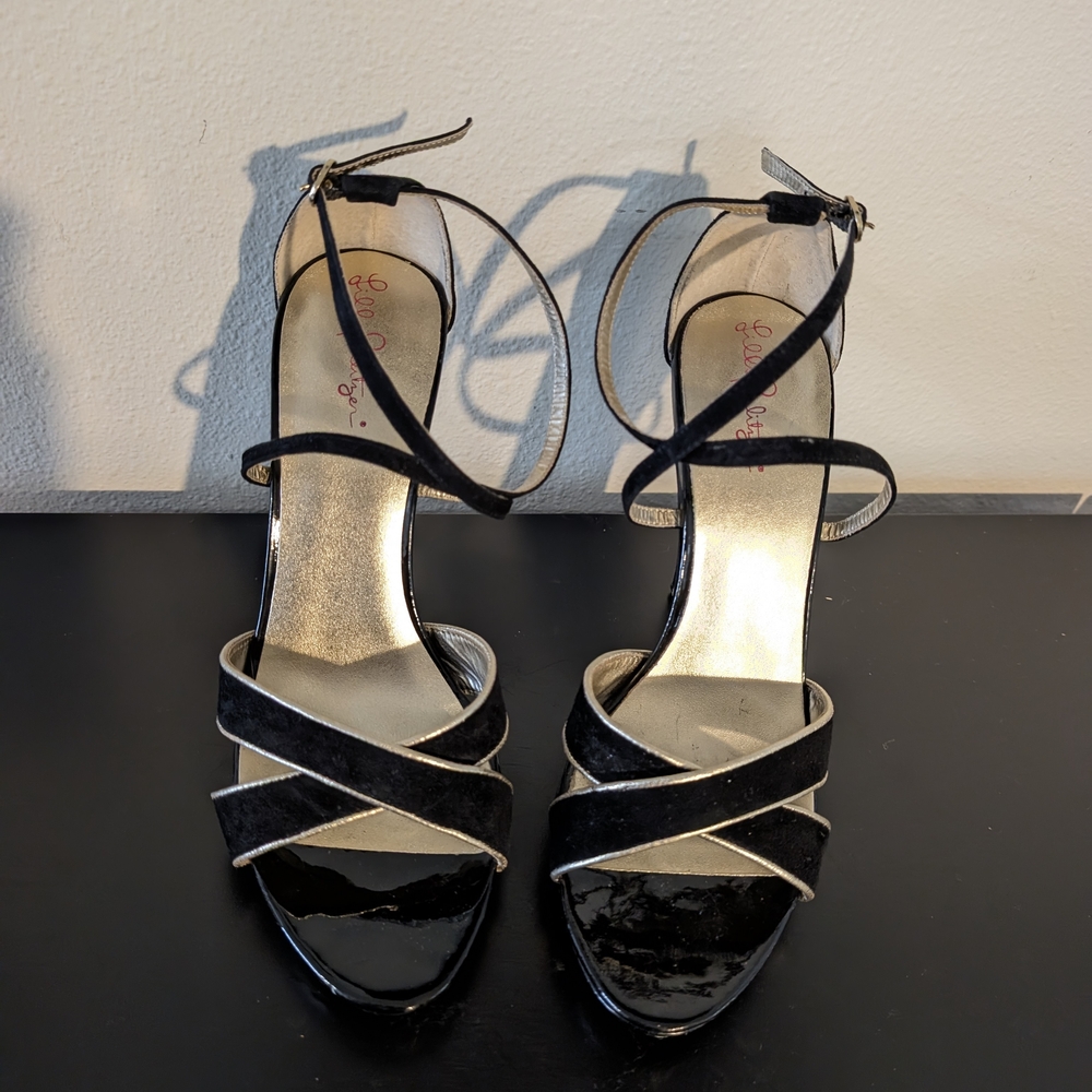 LILLY PULITZER Bella Sandal Strappy High Heels Black Suede Size 9,5
